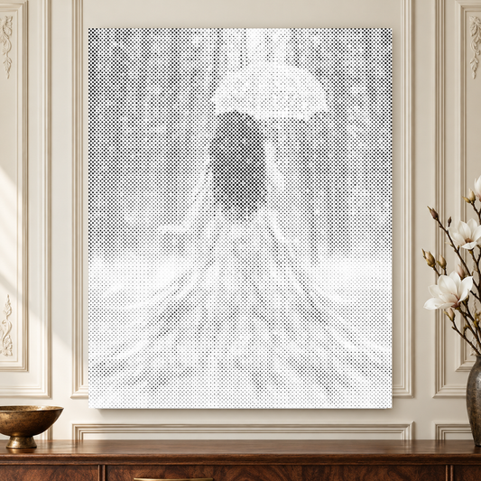 The Wise Woman dot painting displayed close up against ornate ivory panelled walls above a walnut console.