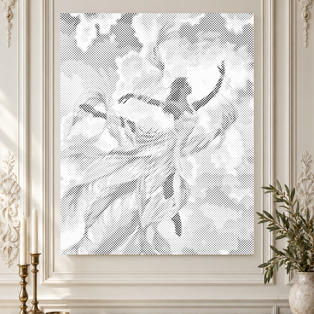 Windswept Grace, a woman dancing dot painting, shown close up against ornate ivory panelled walls.